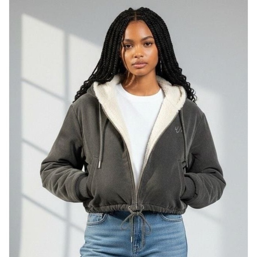 WAYDAMIN Cropped Fleece Lined Zip Up Hoodie Jacket Charcoal Gray XS